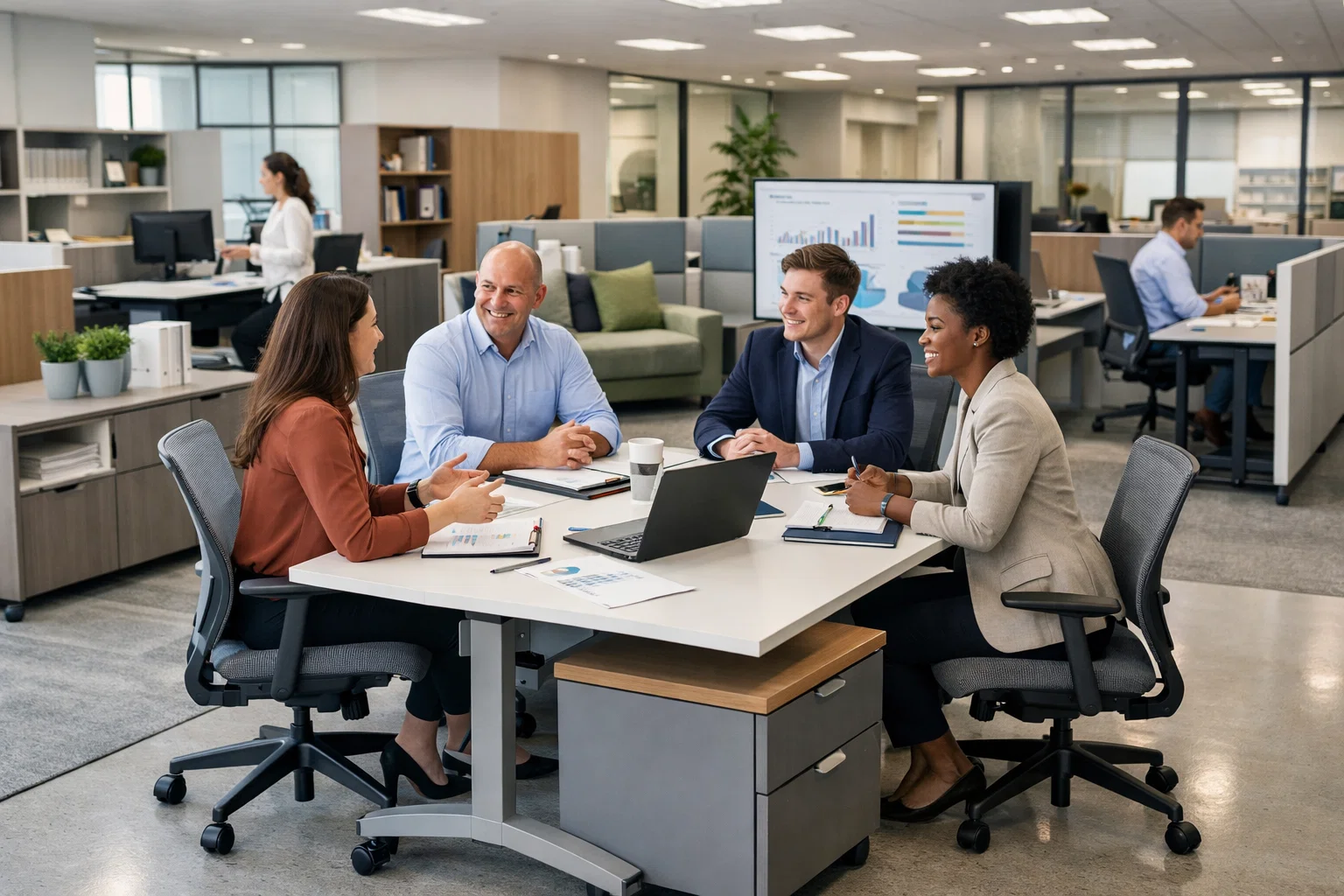 Equipe reunida em mesa de trabalho em escritório corporativo