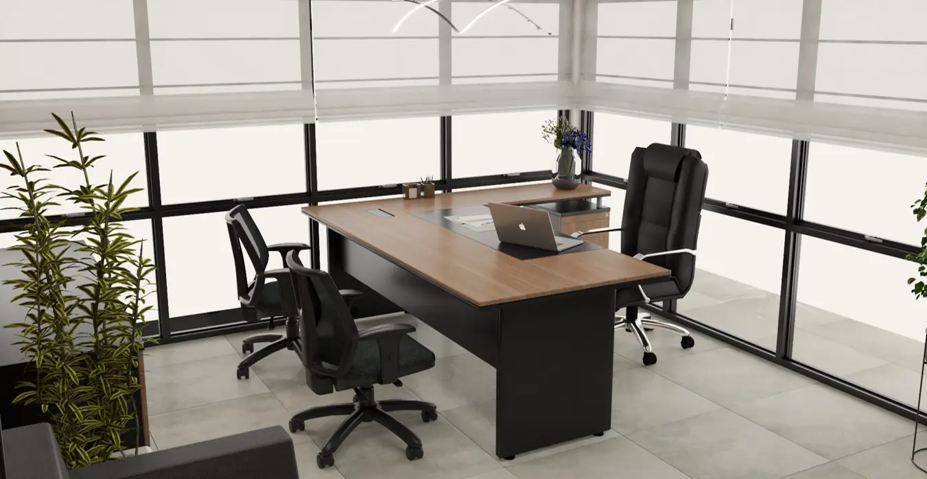 Mesa executiva em L com cadeiras corporativas