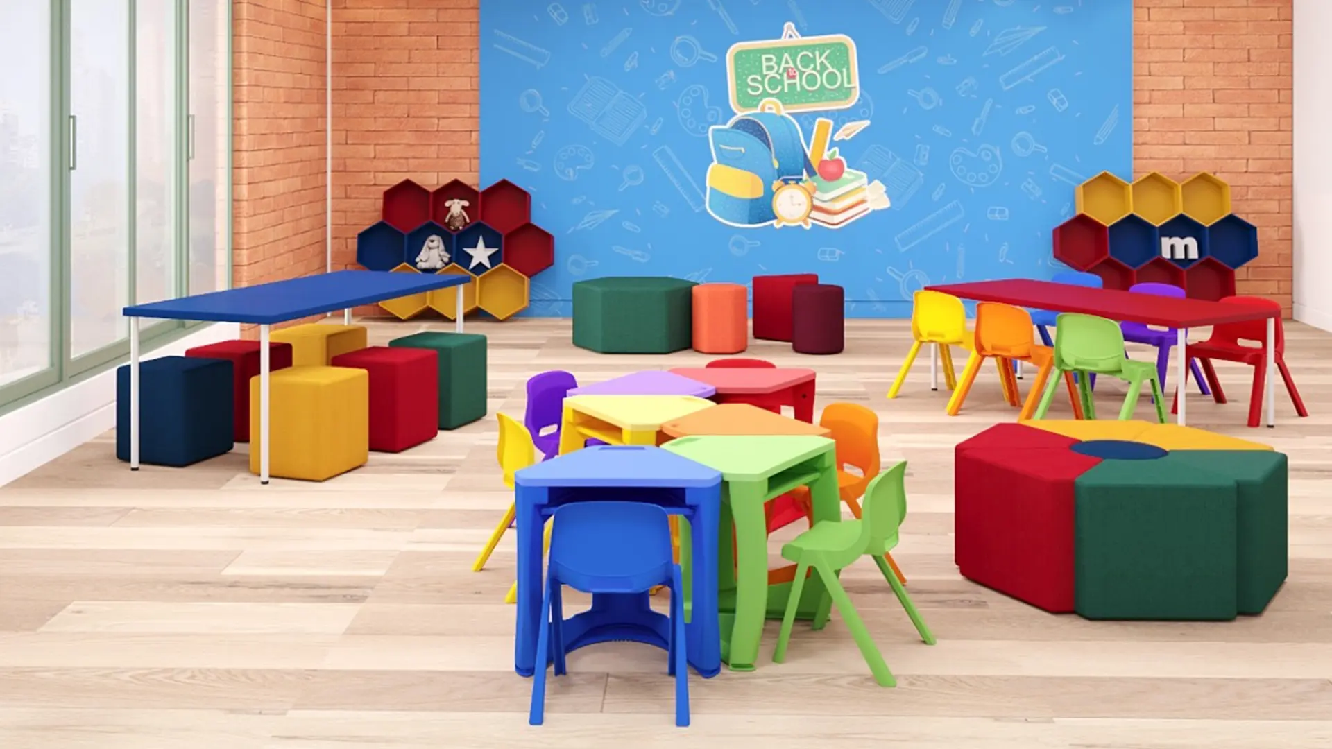 Mobiliário escolar colorido para salas de aula